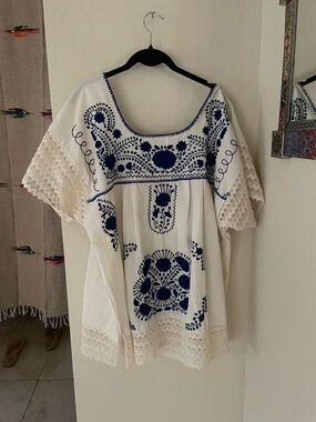 Hand Crafted White Blouse with Blue Floral Embroidery